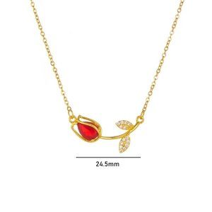 LADY TULIP 18K GOLD PLATE RED CUBIC ZIRCONIA INLAY STAINLESS STEEL BASE NECKLACE